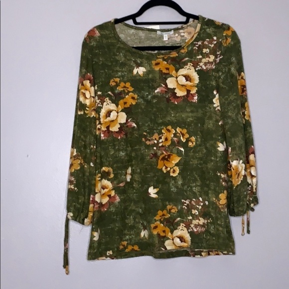 Ava James soft floral pull over 3/4 pull over shirt green medium nwt new - Picture 1 of 5